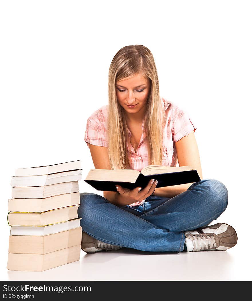 Young adult caucasian woman with books isolated on white. Young adult caucasian woman with books isolated on white