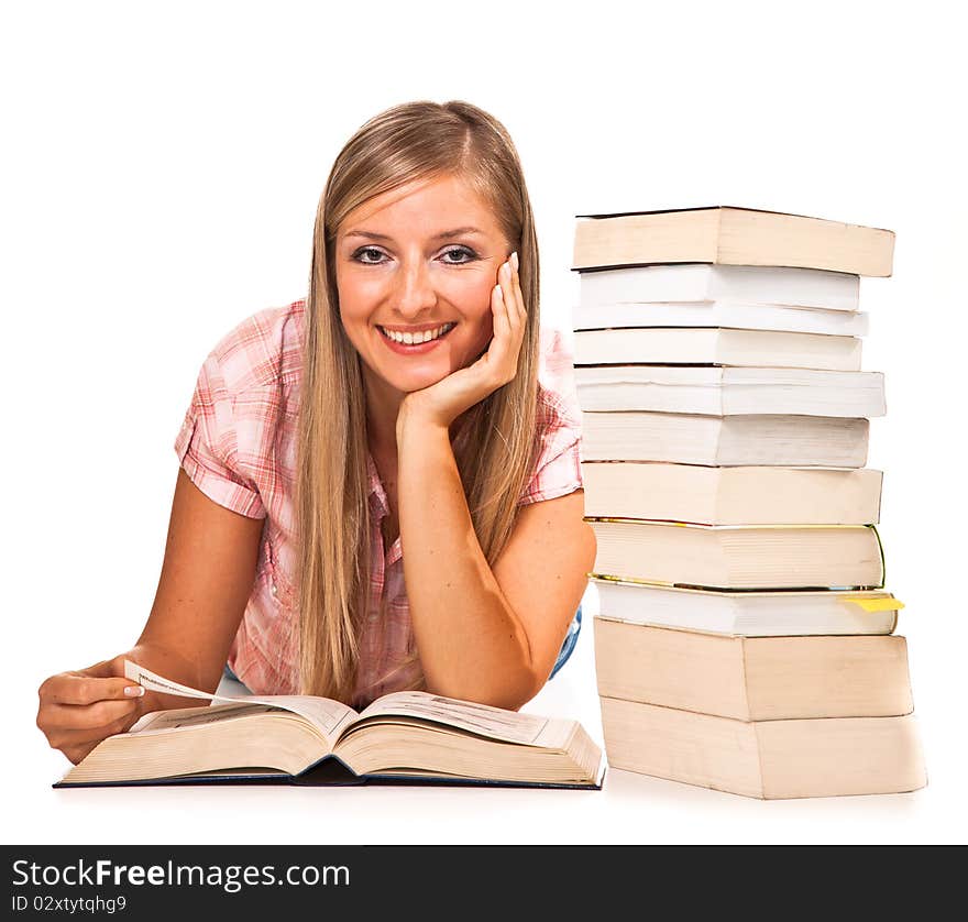 Young adult caucasian woman with books isolated on white. Young adult caucasian woman with books isolated on white