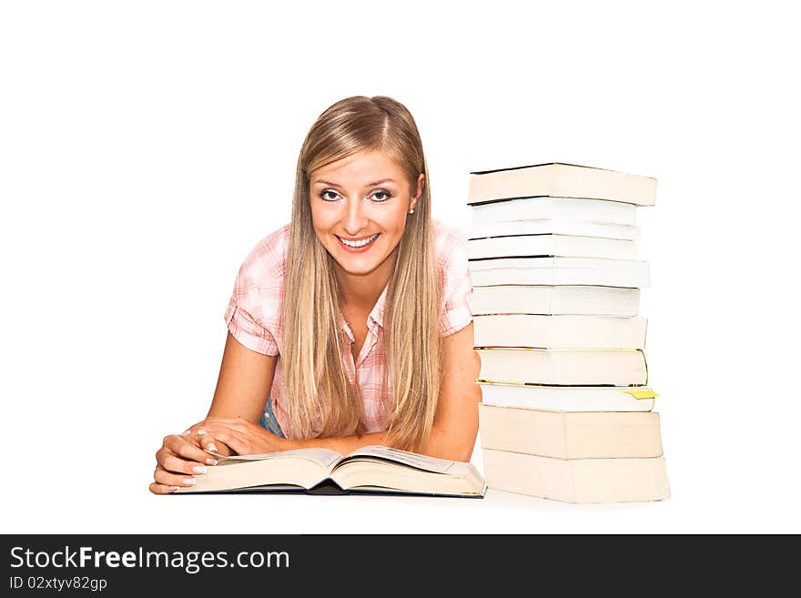 Young adult caucasian woman with books isolated on white. Young adult caucasian woman with books isolated on white