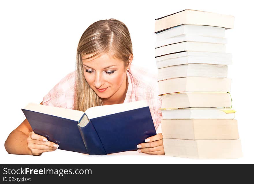 Young adult caucasian woman with books isolated on white. Young adult caucasian woman with books isolated on white