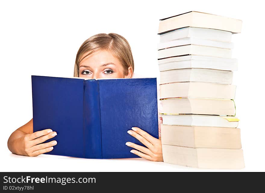 Young adult caucasian woman with books isolated on white. Young adult caucasian woman with books isolated on white