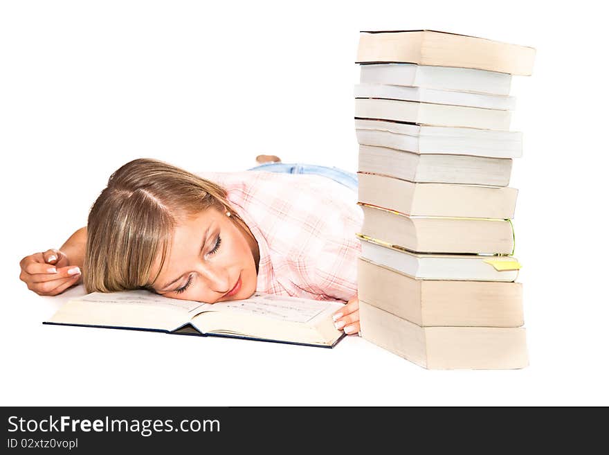 Young adult caucasian woman with books isolated on white. Young adult caucasian woman with books isolated on white