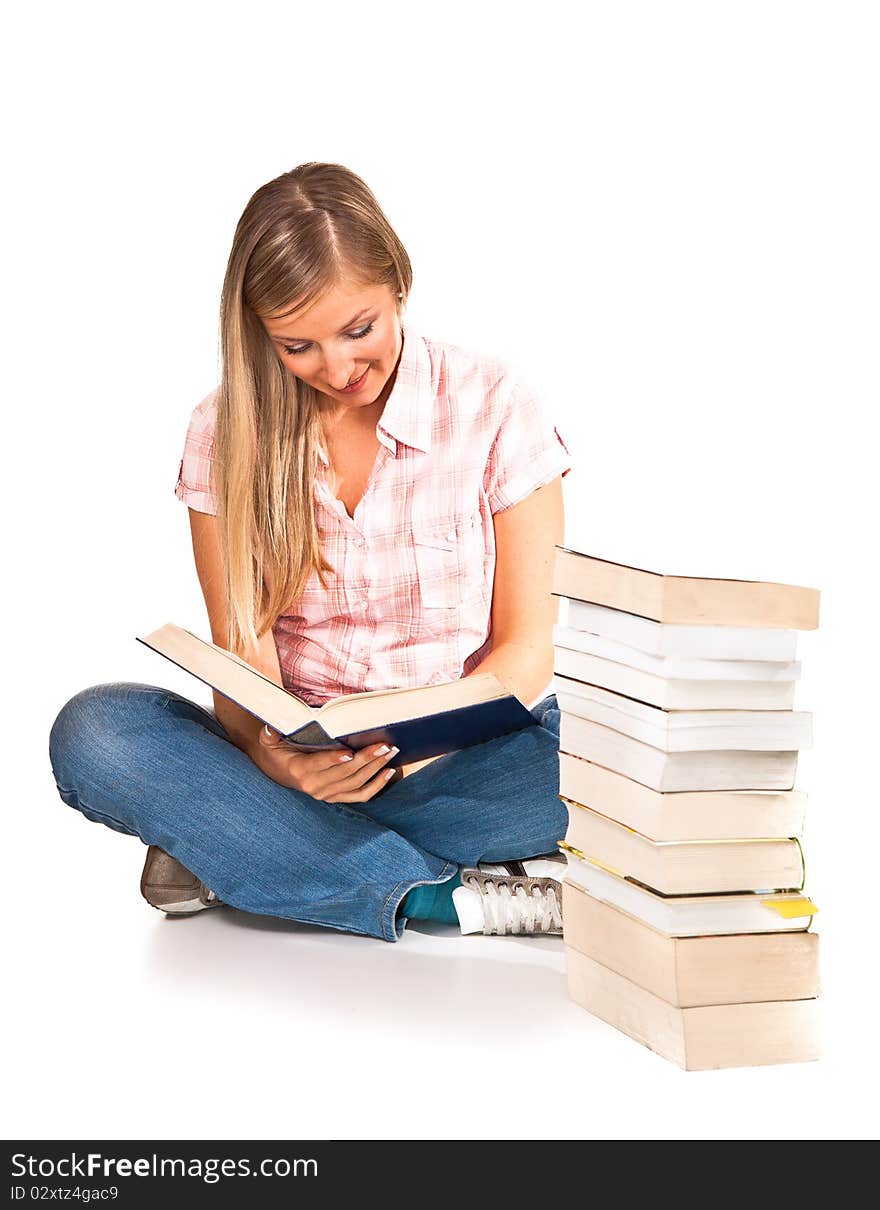 Young adult caucasian woman with books isolated on white. Young adult caucasian woman with books isolated on white