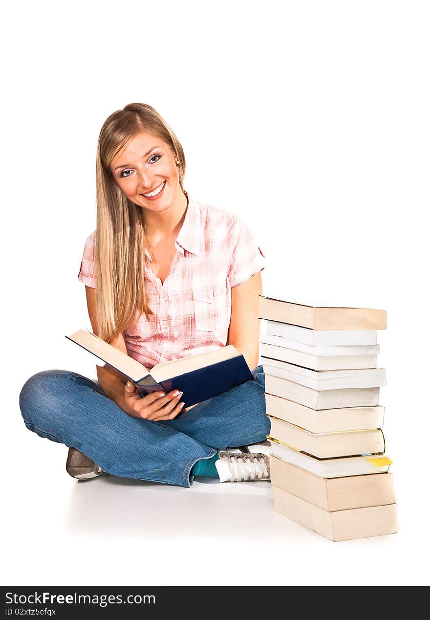 Young adult caucasian woman with books isolated on white. Young adult caucasian woman with books isolated on white