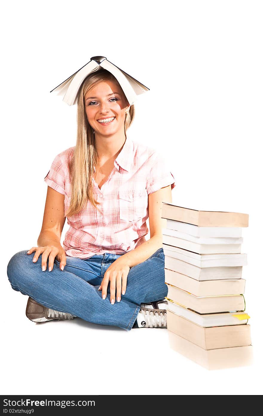 Young adult caucasian woman with books isolated on white. Young adult caucasian woman with books isolated on white