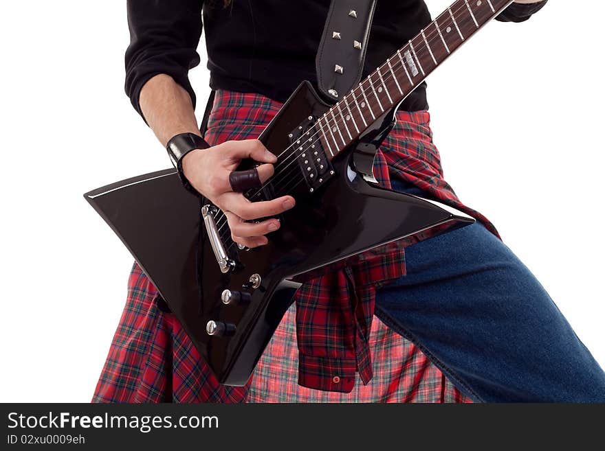 Close up of an electric guitar being played.