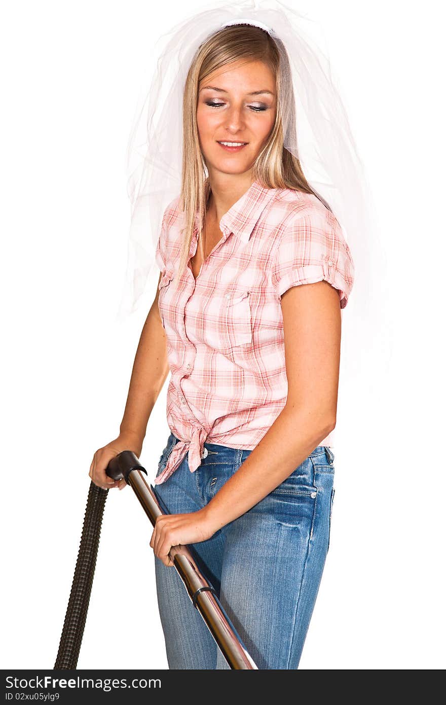 Woman in wedding veil with vacuum cleaner isolated on white. Woman in wedding veil with vacuum cleaner isolated on white