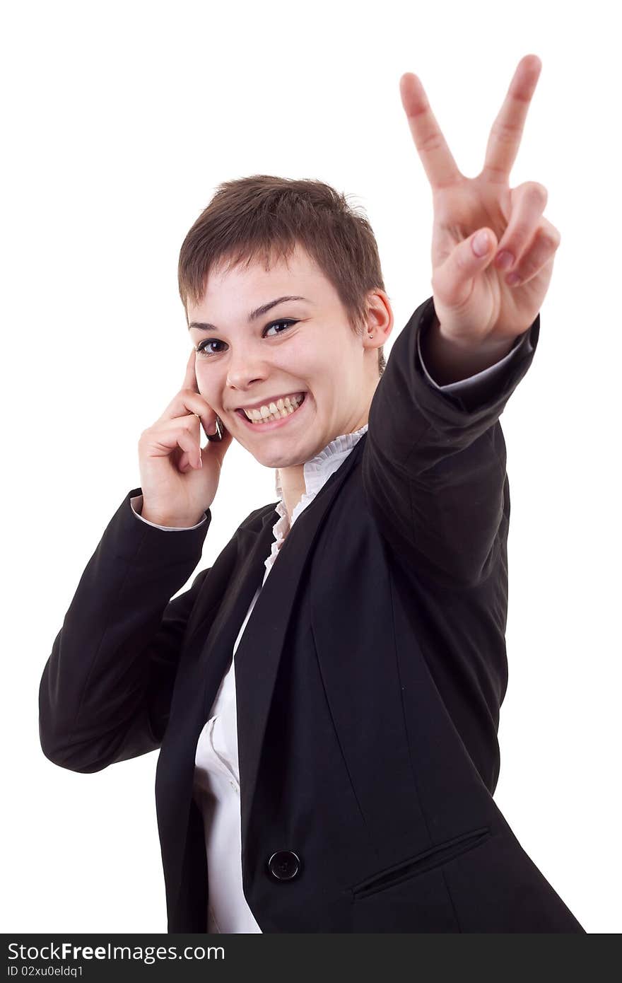 Woman with phone and victory gesture