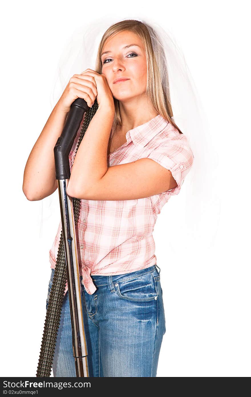 Woman in wedding veil with vacuum cleaner isolated on white. Woman in wedding veil with vacuum cleaner isolated on white