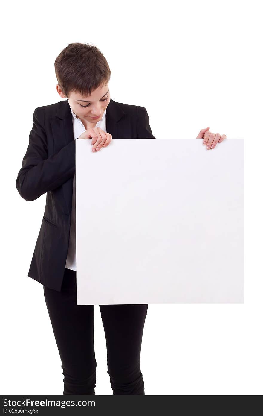 Portrait of a beautiful business woman holding a blank billboard