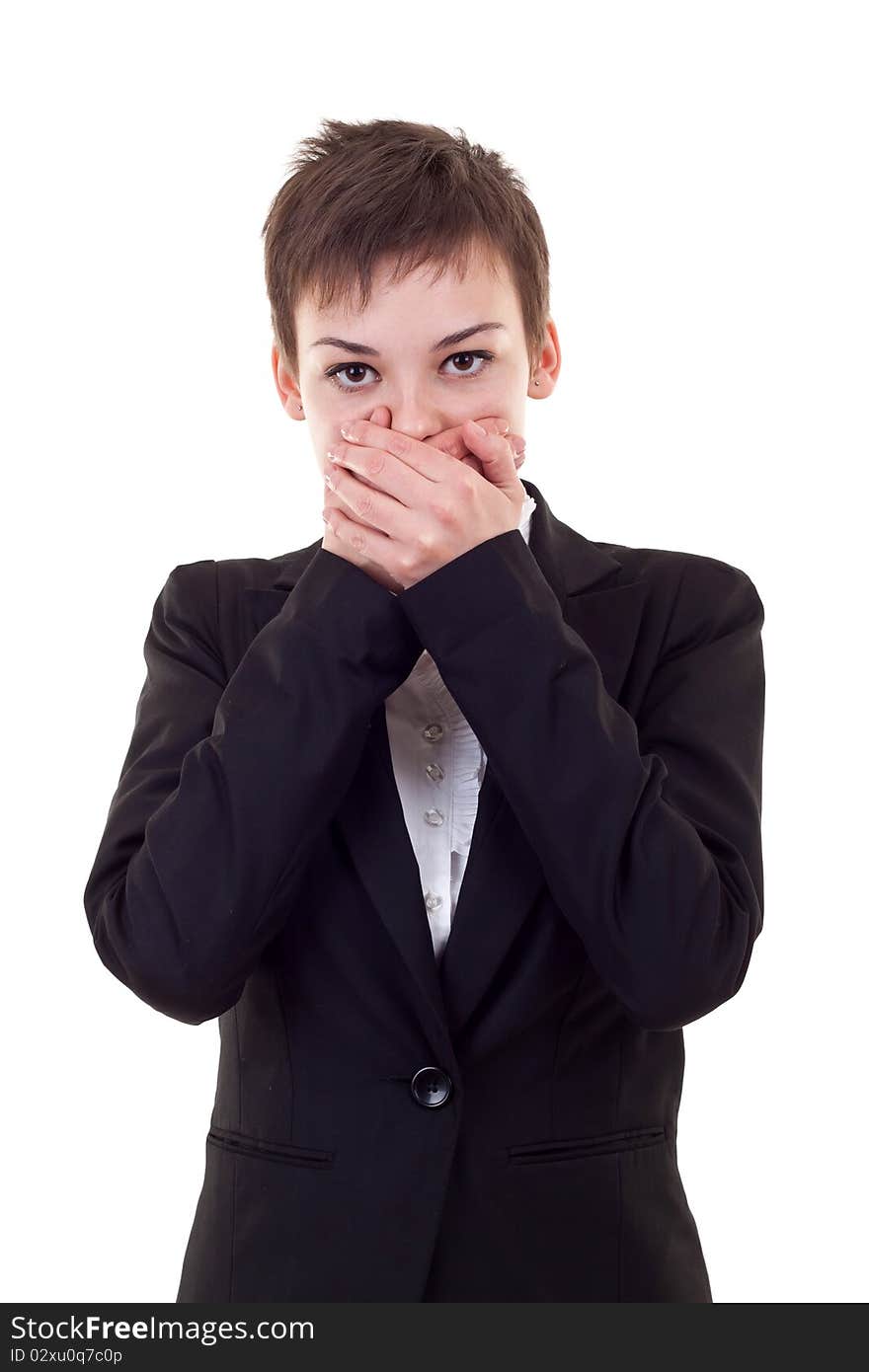 Young business woman covering her mouth with hands