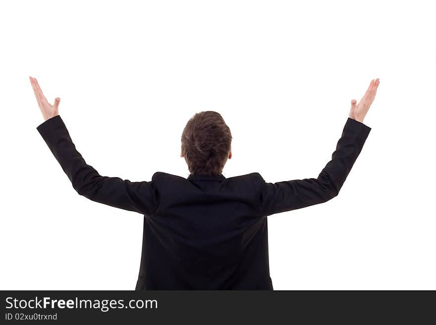 Brunette business woman with her hands in the air - back picture