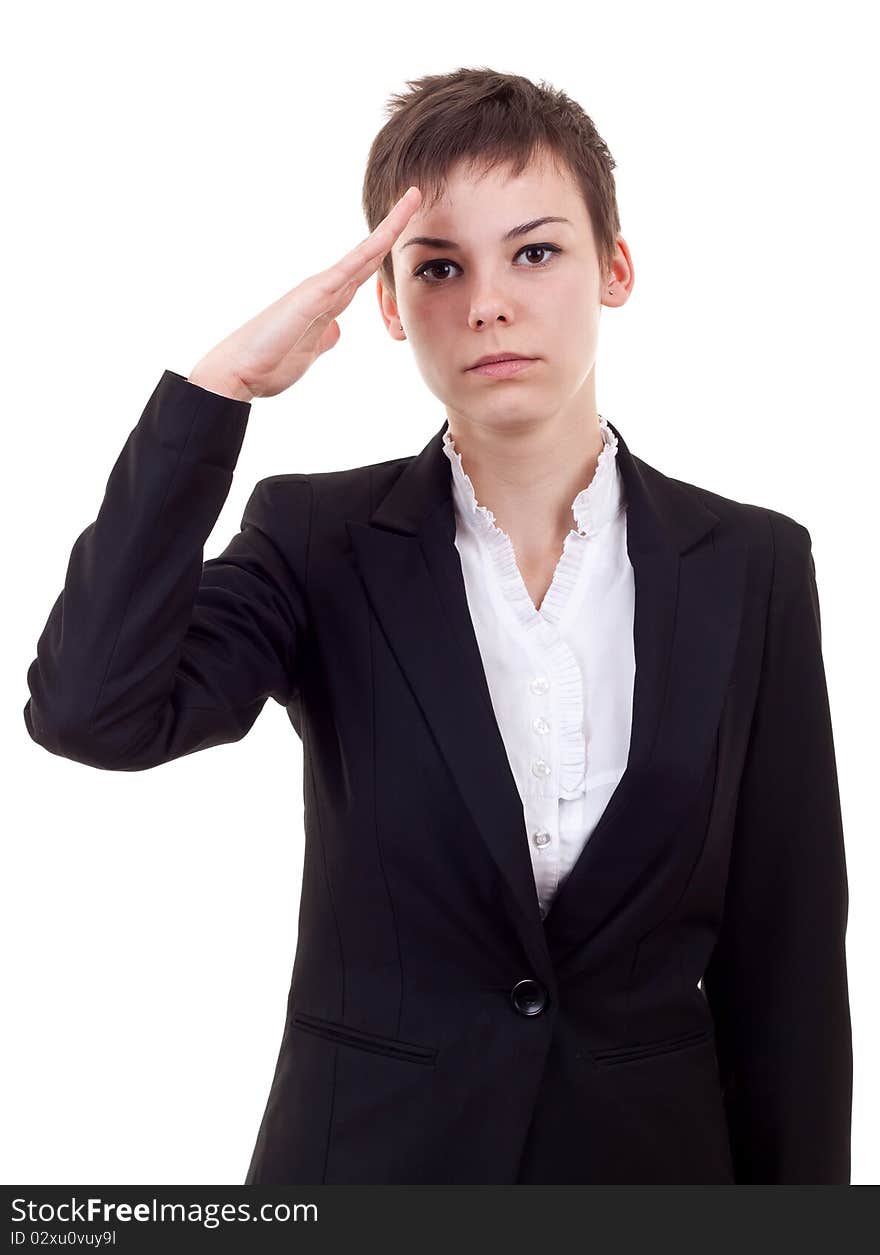 Attractive business woman saluting over white background