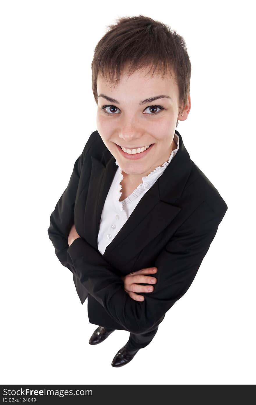 Happy business woman with her arms crossed (isolated on white)