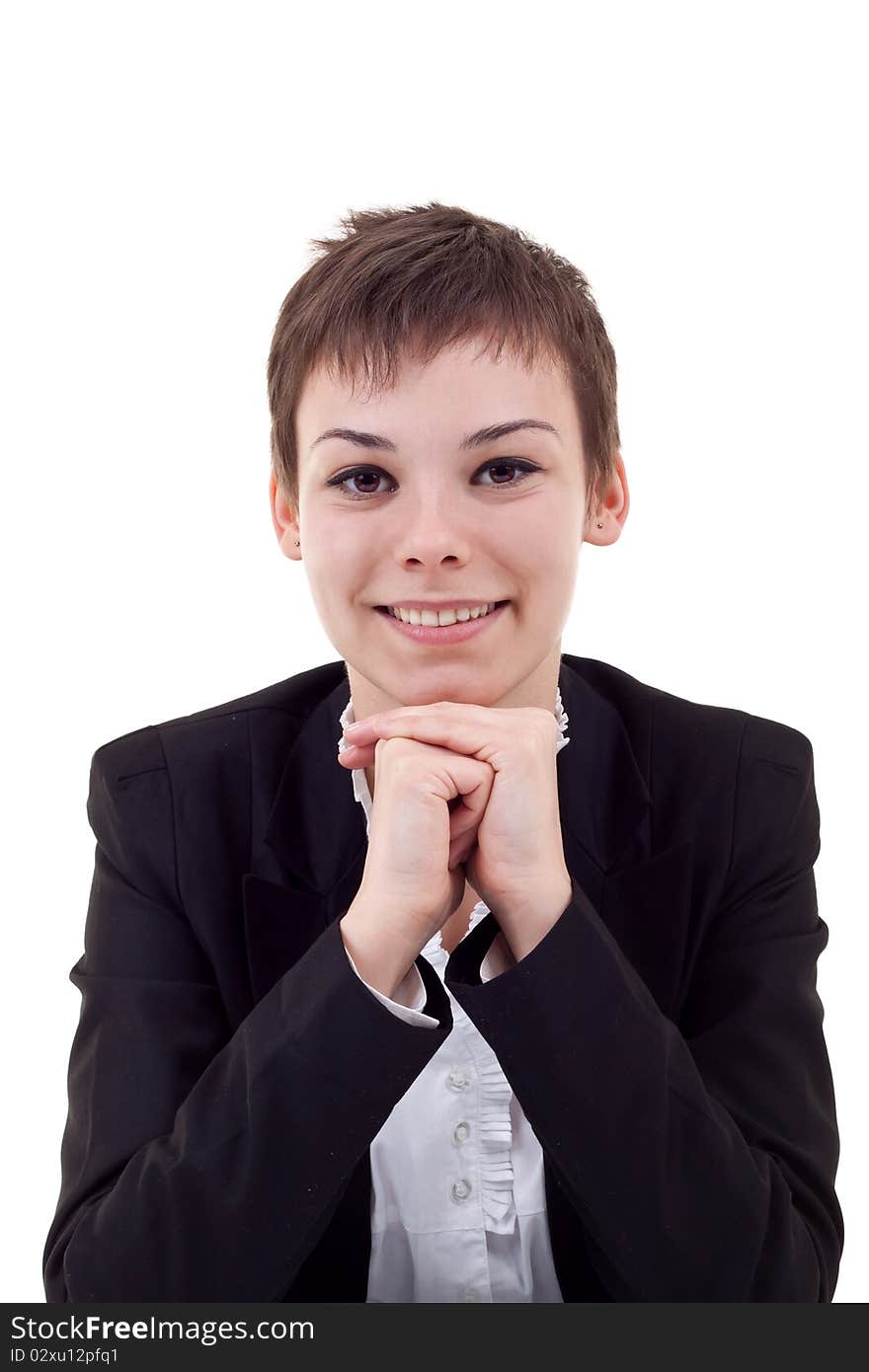 Thinking attractive young business woman over white