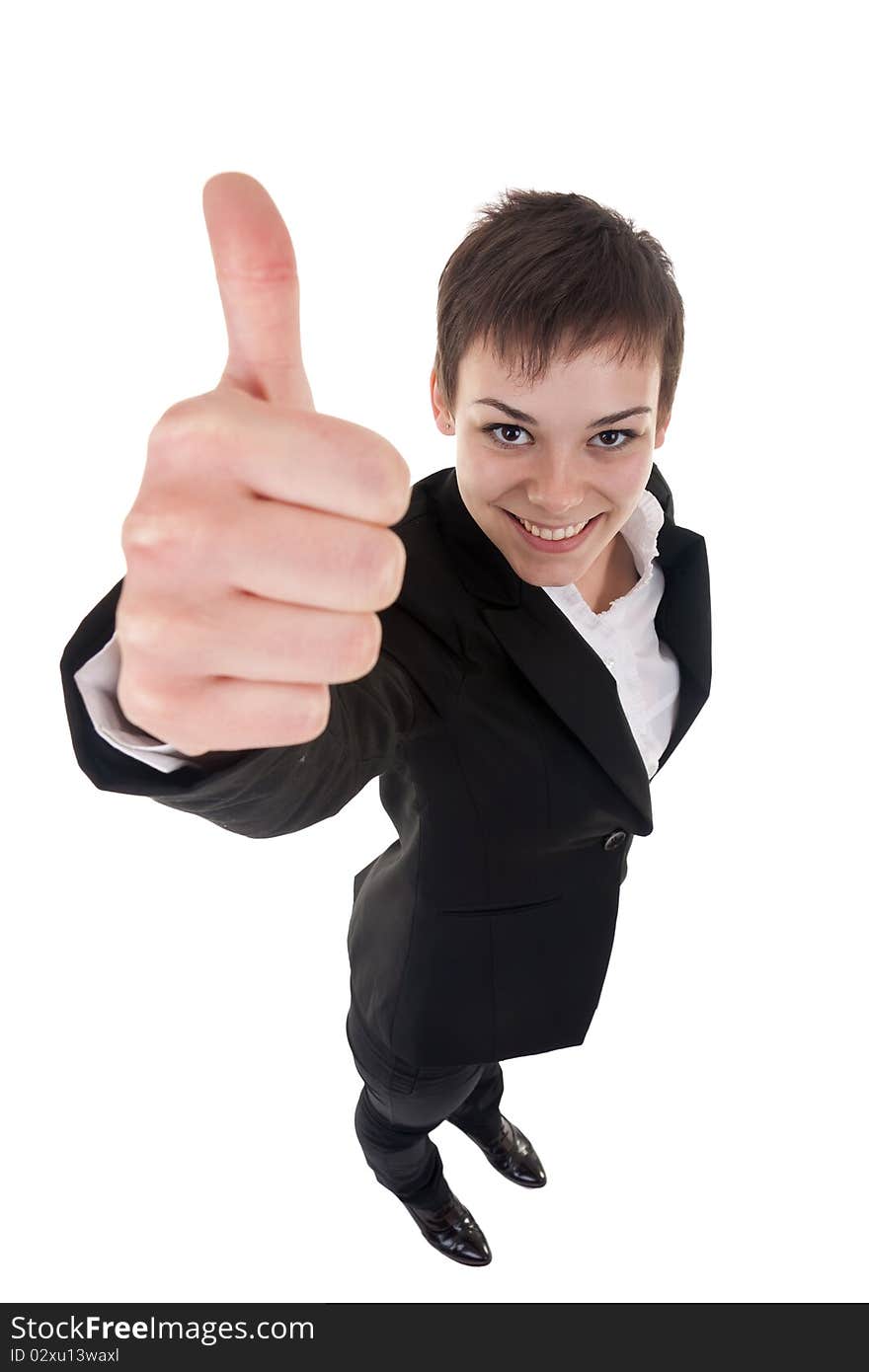 Success woman isolated giving thumbs up sign. Funny business woman in high and wide angle view