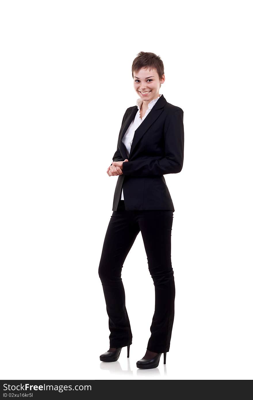 Young happy business woman, isolated on white