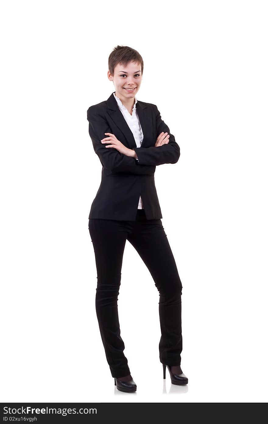 Confident business woman with look of success over white