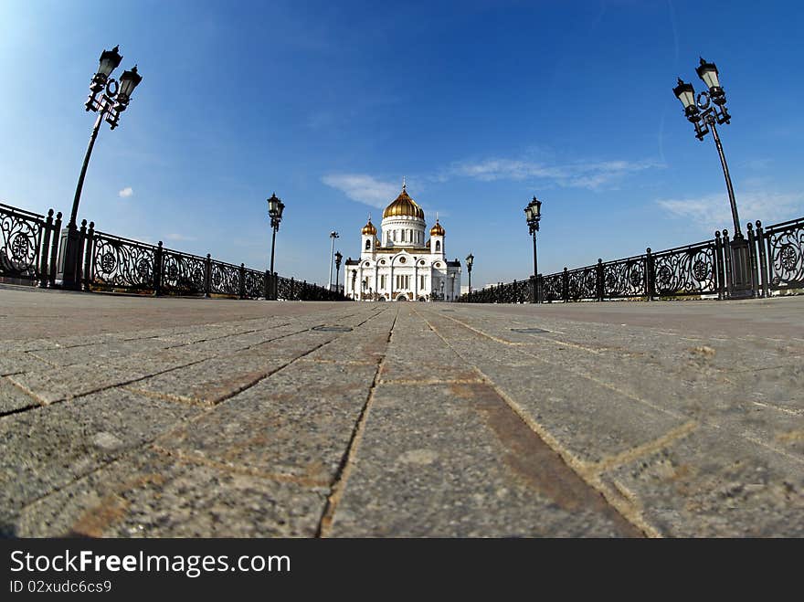 Fish-eye view on the Cathedral of Christ our Savior from the Patriarch's bridge. Fish-eye view on the Cathedral of Christ our Savior from the Patriarch's bridge