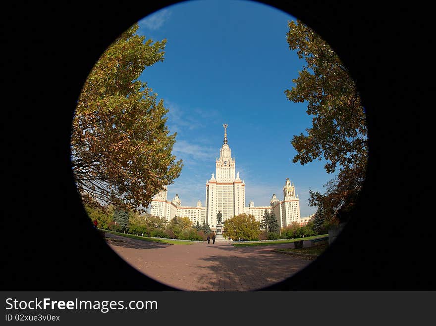 Main building of Moscow University through fish-eye lens