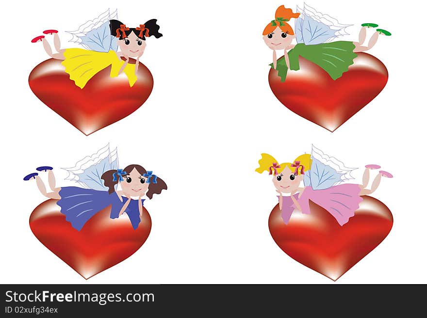 Four funny ,fairy girls flying on the hearts. Four funny ,fairy girls flying on the hearts