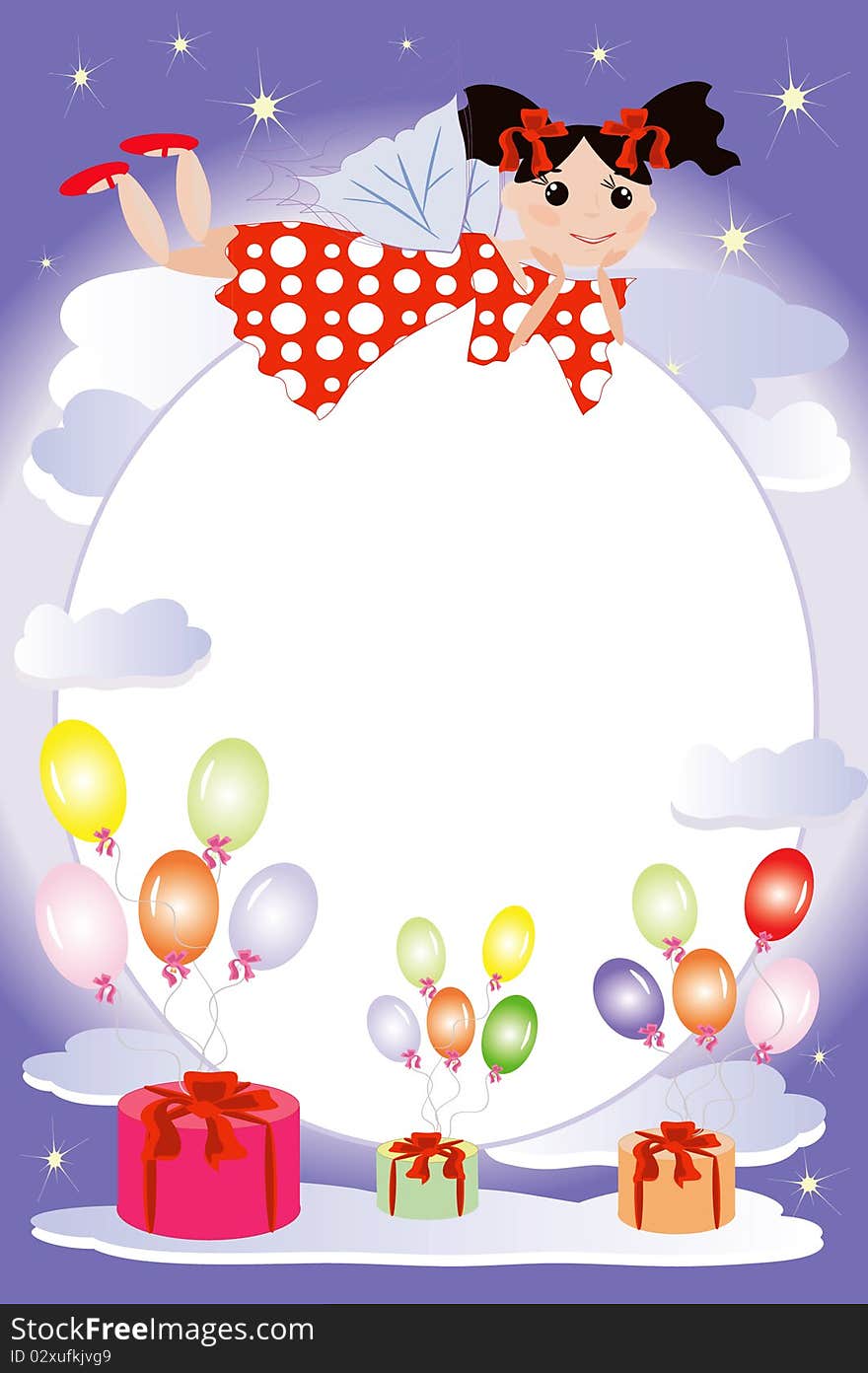 Funny fairy flying on the clouds, frame to the birthday. Funny fairy flying on the clouds, frame to the birthday