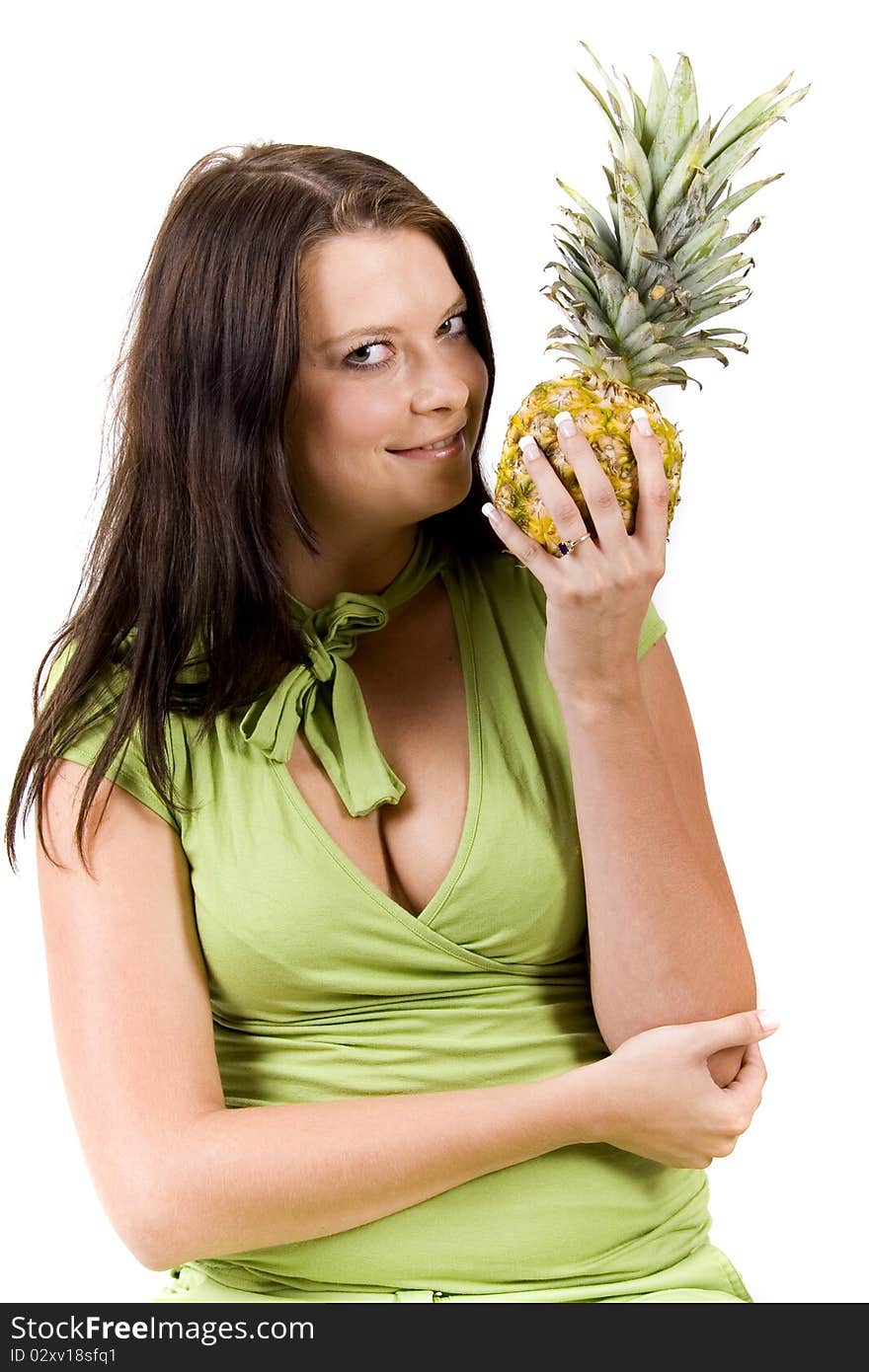 Young girl with citrus fruits on white background