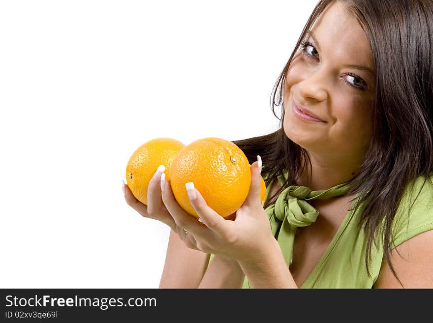 Young girl with citrus fruits on white background