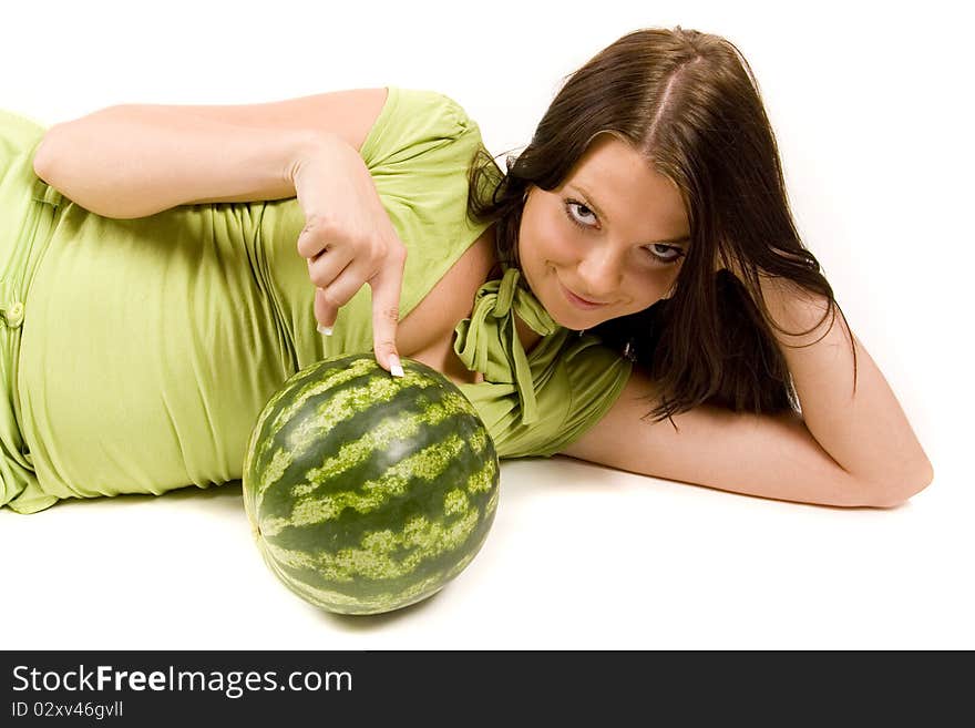 Young girl with citrus fruits on white background. Young girl with citrus fruits on white background