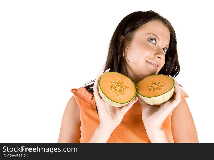 Young girl with citrus fruits on white background