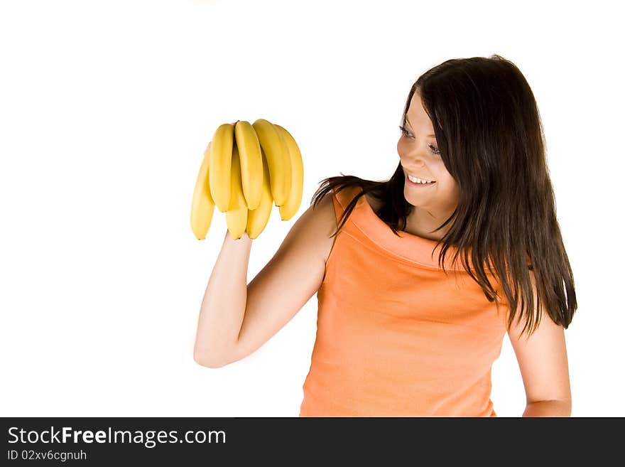 Young girl with citrus fruits on white background. Young girl with citrus fruits on white background