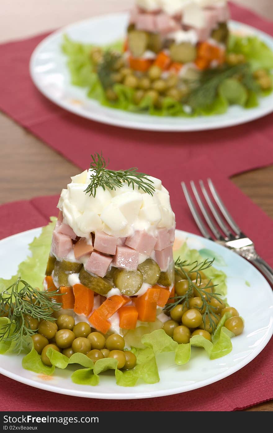 Two plates with salad on a white background. Two plates with salad on a white background