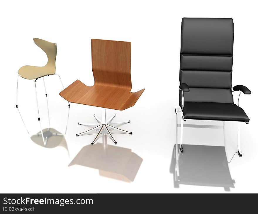 Three modern chairs symbolizing career progress