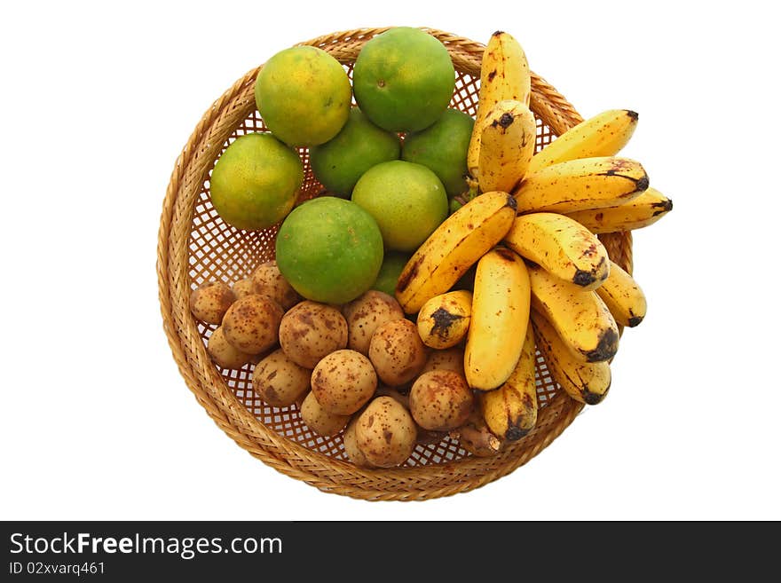 Set of Traditional Tropical Thai Fruit, Orange Banana and Longan, in Basket