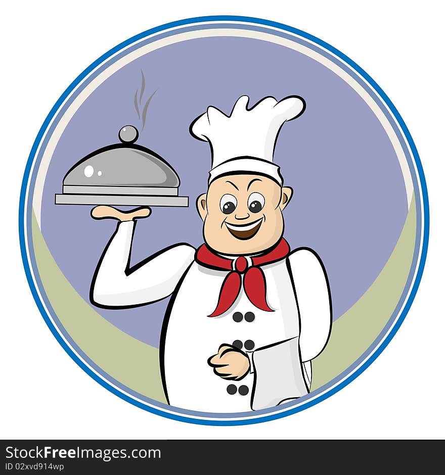 Illustration of happy chef, carrying a covered dish. Illustration of happy chef, carrying a covered dish.