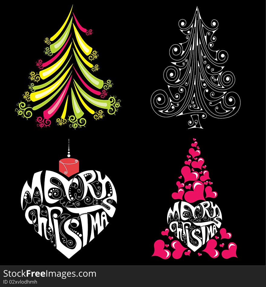 Four bright christmas trees on black background