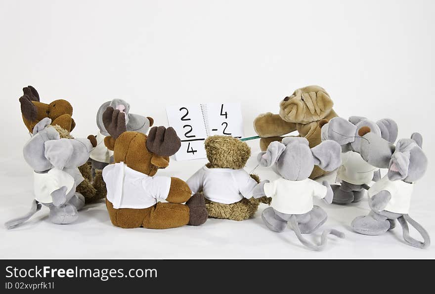 This image shows several stuffed animals in math class. This image shows several stuffed animals in math class