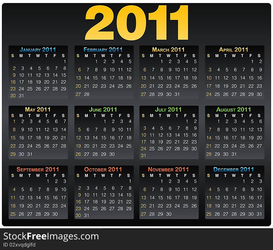 Vector Calendar grid 2011 year english layout black