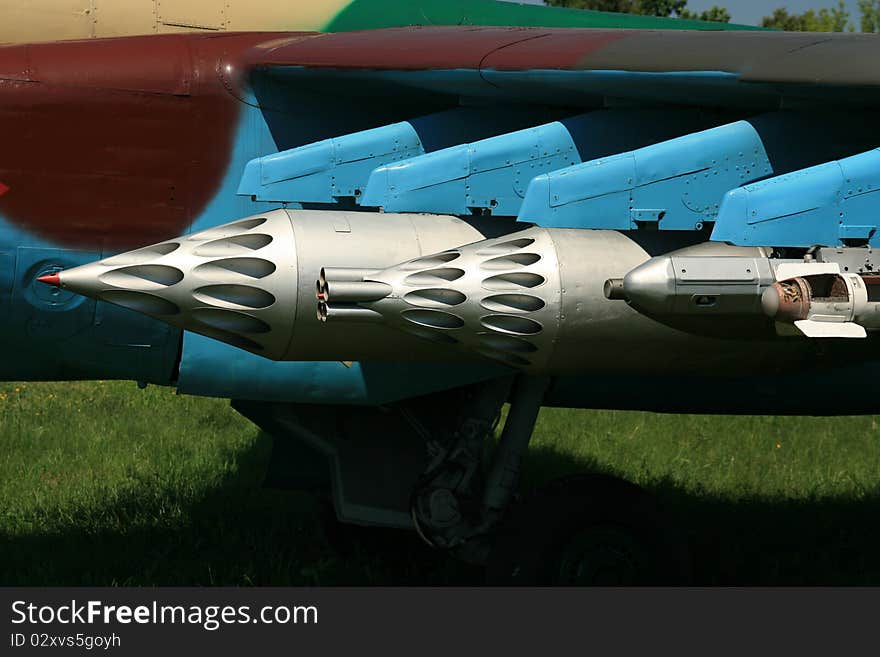 Close up of soviet missle launcher under the wing of a fighter