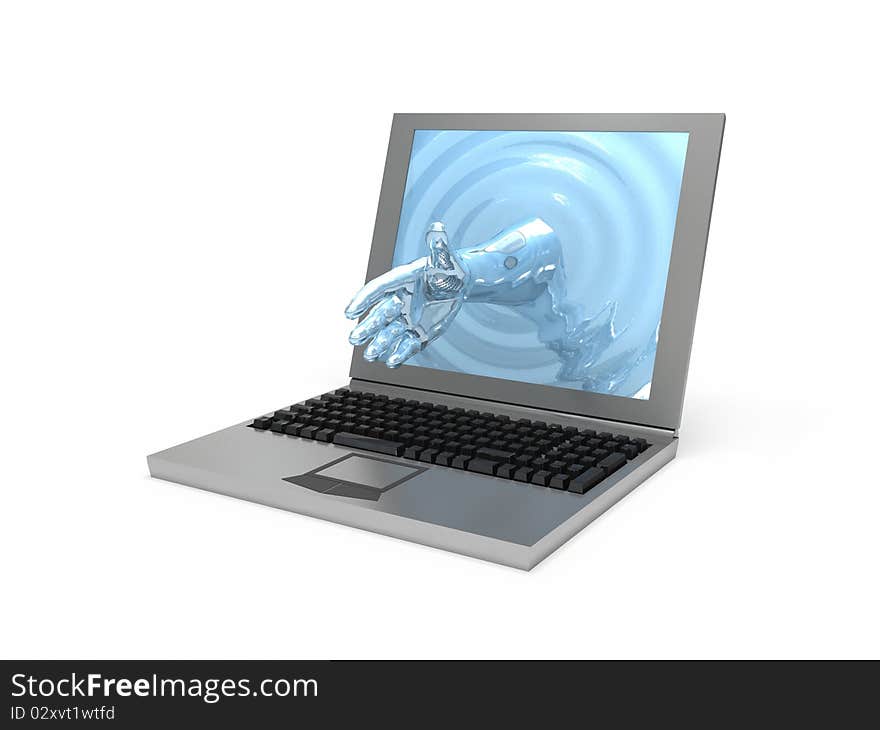 Digital hand and laptop on white background. Digital hand and laptop on white background.