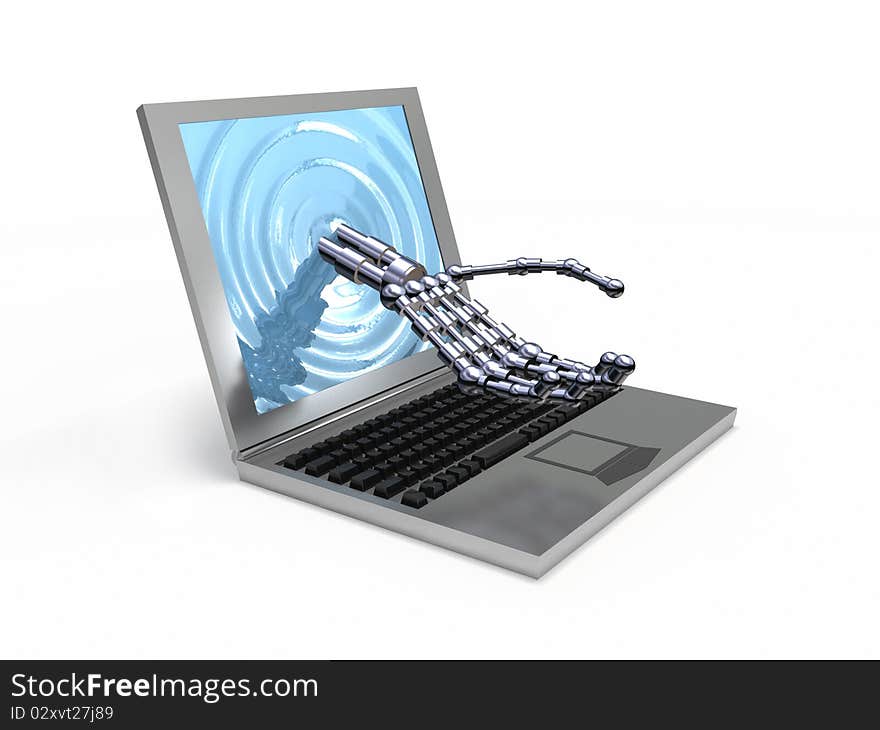 Digital hand and laptop on white background. Digital hand and laptop on white background.