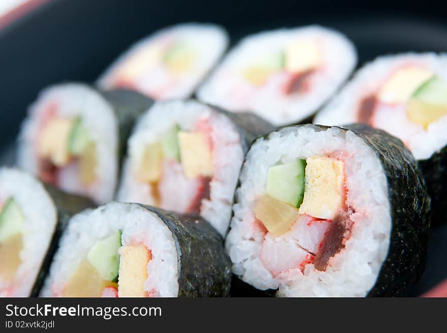 Close up Makizushi of Sushi rolls that include good materials for lunch or when you hungry. Close up Makizushi of Sushi rolls that include good materials for lunch or when you hungry.