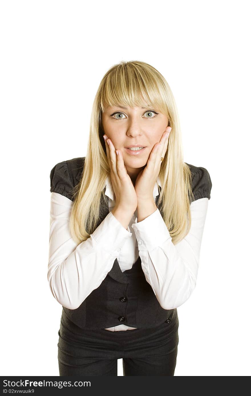 Beautiful young professional business woman expressed surprise, her hands lying on her face. Isolated on a white background