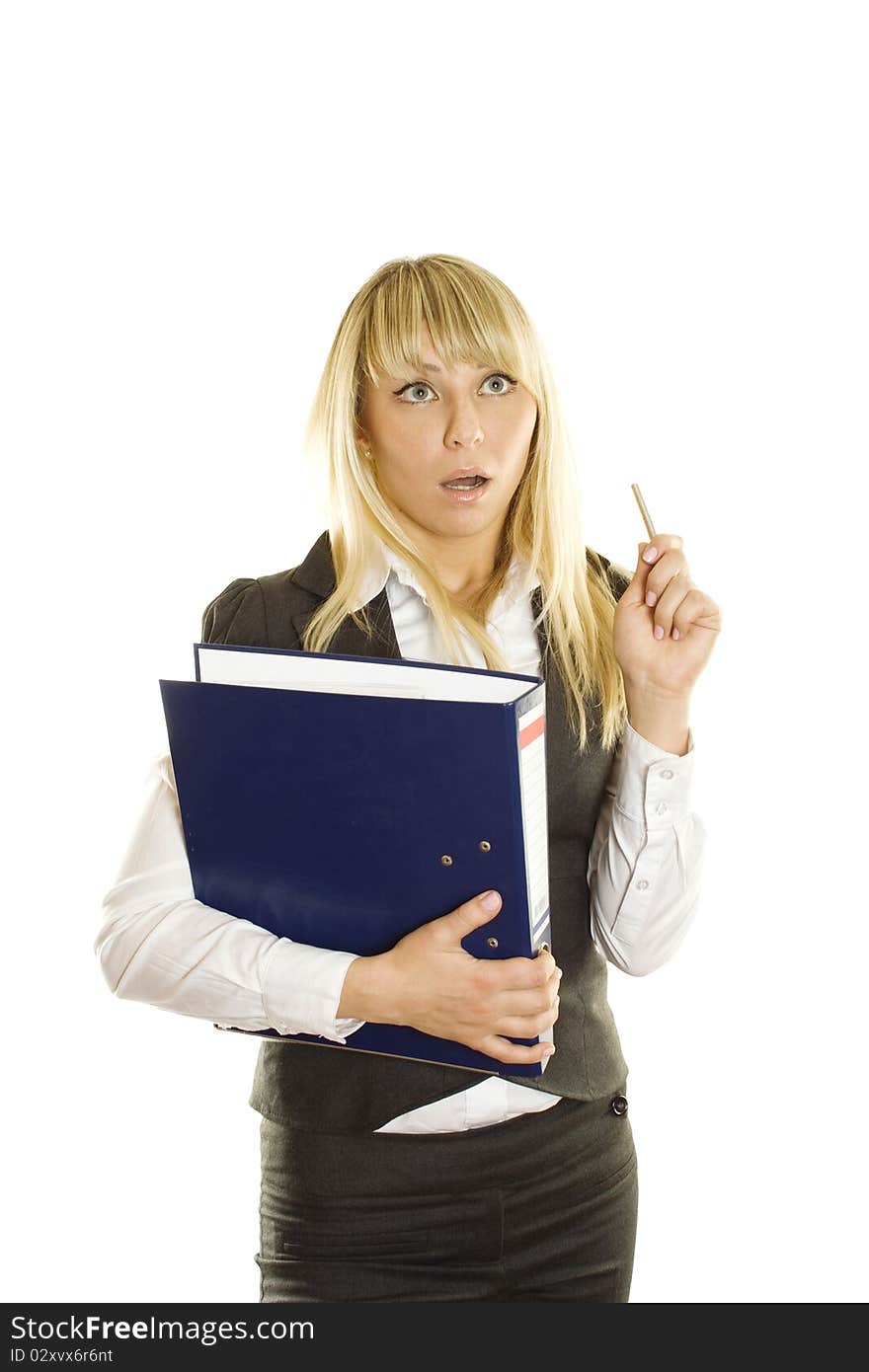 Business woman with a blue folder. Presses the folder to her chest. Isolated on a white background. Business woman with a blue folder. Presses the folder to her chest. Isolated on a white background