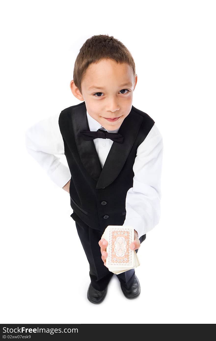 Boy playing pocker isolated on white