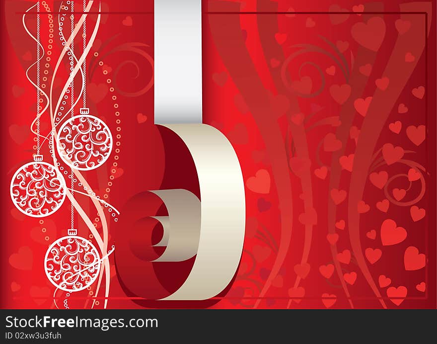 Red christmas background with balls and hearts