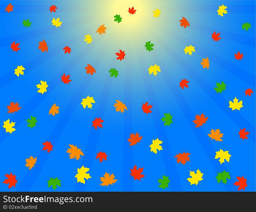 Falling the autumn foliage in blue sky. Vector illustration