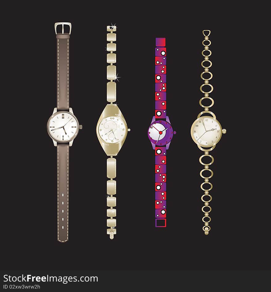 Set of modern watches on a brown background