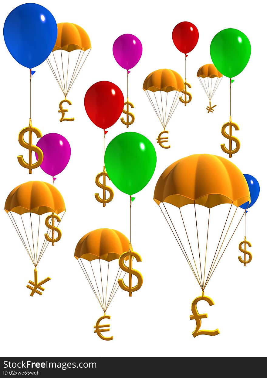 Currency symbols in balloons and parachute