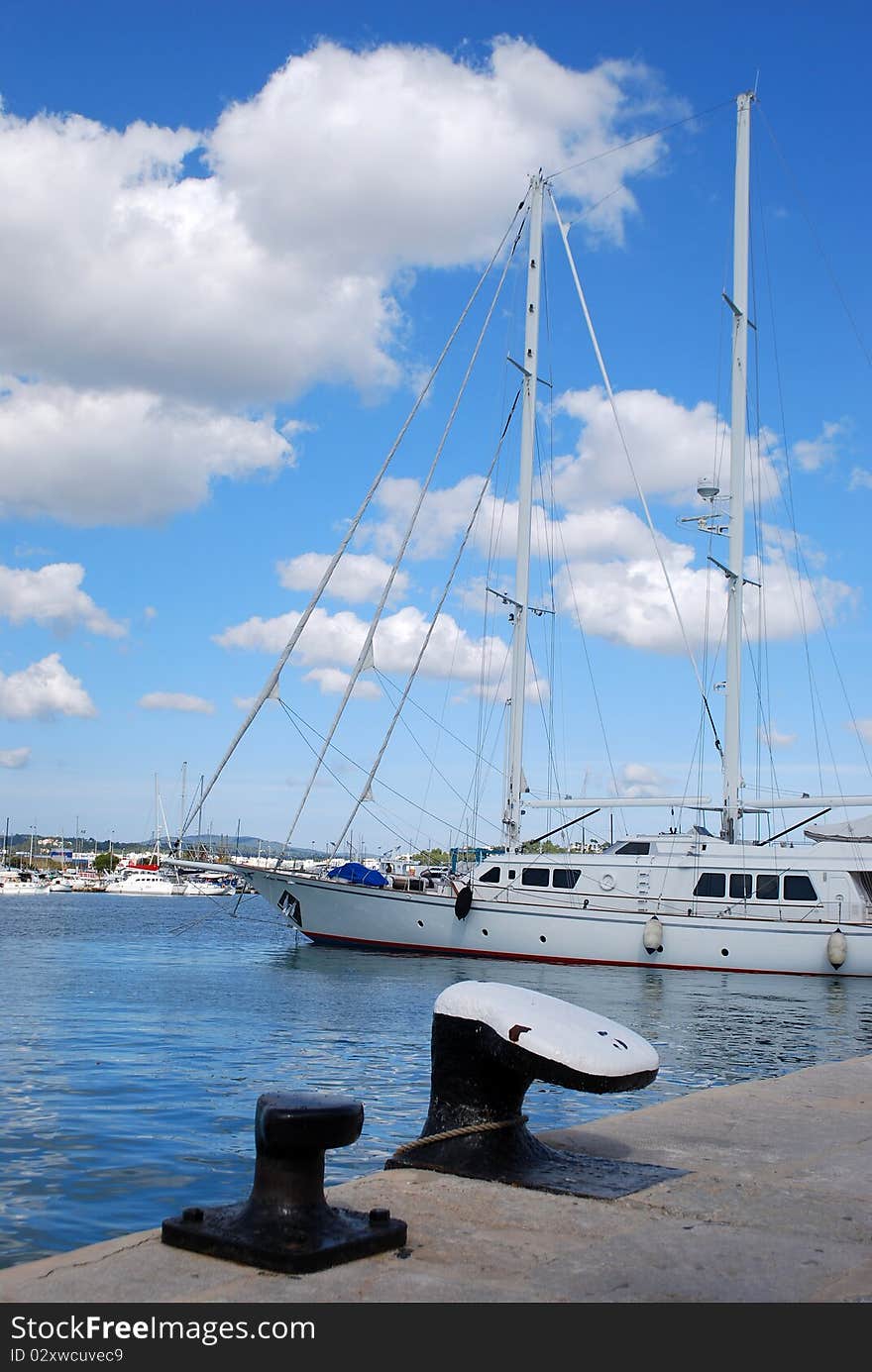 Sailboat moored in the port of Ibiza.